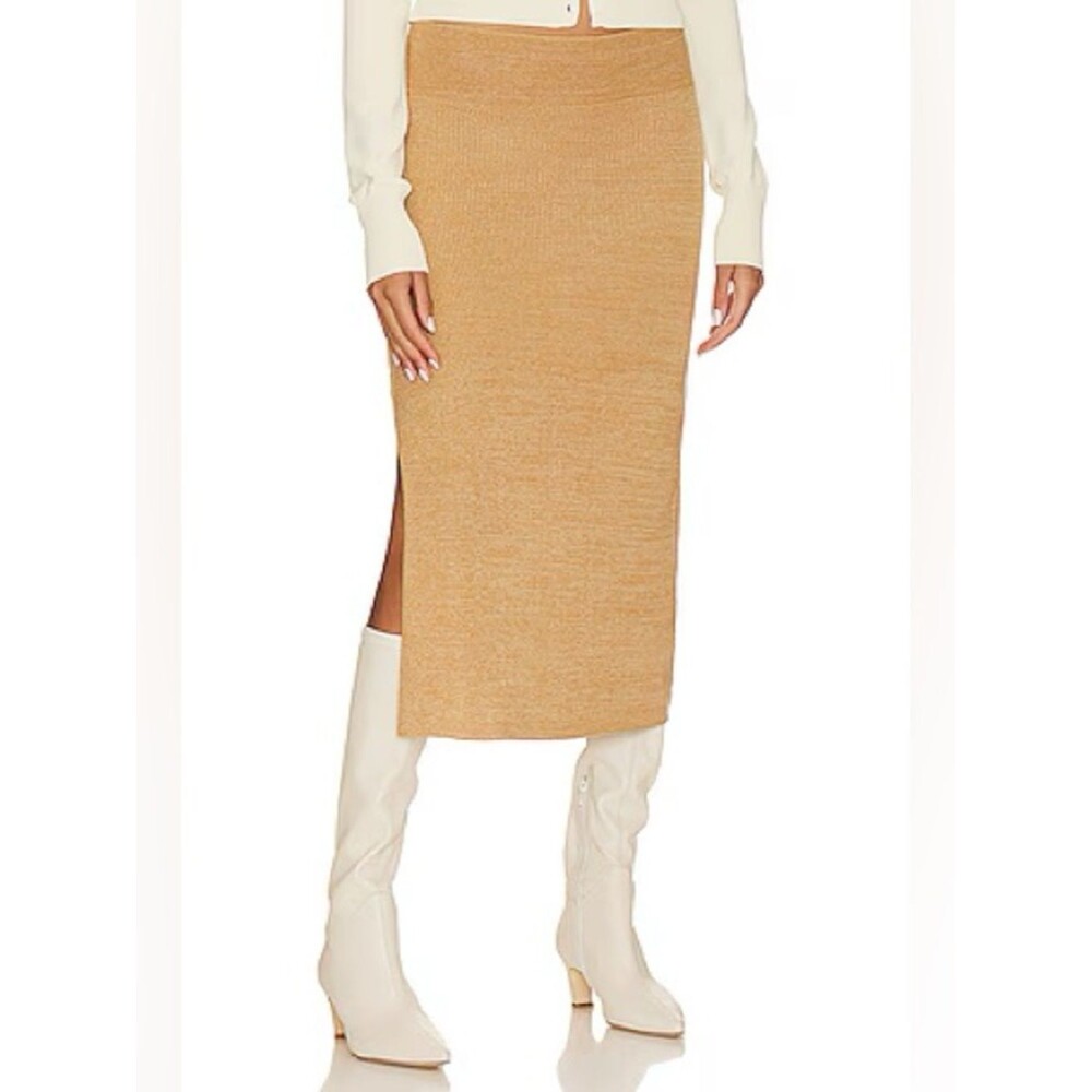 NEW Free People Golden Hour Tan Knit Side Slit Midi Skirt Women’s Size Medium